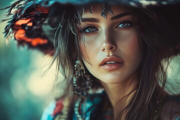 Fototapeta premium Beautiful Young Woman in Large Hat with Striking Eyes and Jewelry