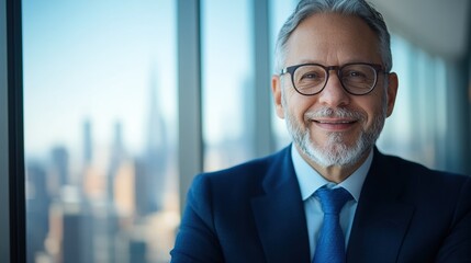 Naklejka premium Confident businessman smiling with a city skyline in the background.
