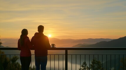 Love and Happiness: The Path to Fulfillment, Couple enjoying a sunset view from a balcony overlooking mountains and a serene landscape.