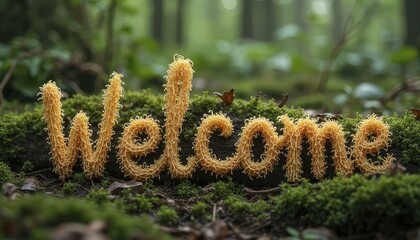 WELCOME Spelled with Yellow Sausages in Lush Forest Moss with Playful Touch