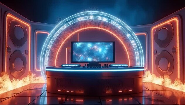 A high-tech DJ booth with futuristic glowing speakers, surrounded by a fiery ring. Digital sound waves ripple through the flames 