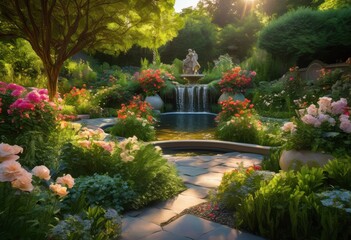 Fototapeta premium stunning outdoor spaces featuring lush greenery elegant design elements inviting scenic landscapes, garden, nature, plants, trees, flowers, patio, decor