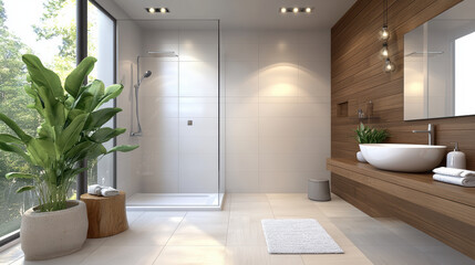Fototapeta premium Modern bathroom with walk in shower, wooden accents, and greenery