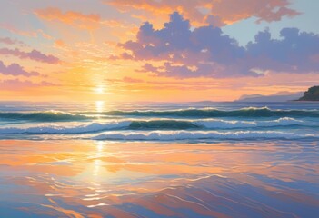 Fototapeta premium breathtaking sunrise illuminating calm ocean waves vibrant colors serenity, light, sky, image, scene, nature, water, horizon, view, sunset, clouds