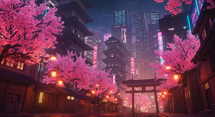 A solitary cherry blossom tree in full bloom amidst a futuristic cityscape at night, with pink petals scattered on the dark street, contrasting with neon lights and towering buildings