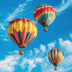 Naklejka premium Colorful hot air balloons soar in a clear blue sky during a vibrant festival celebration