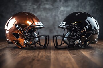 Fototapeta premium American football helmets facing each other on a wooden floor with dramatic lighting.