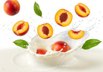 Naklejka premium fresh juicy peach in splashes of yogurt or milk . Generative AI
