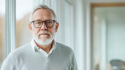 Confident elderly man with glasses standing by a bright window in a modern setting.