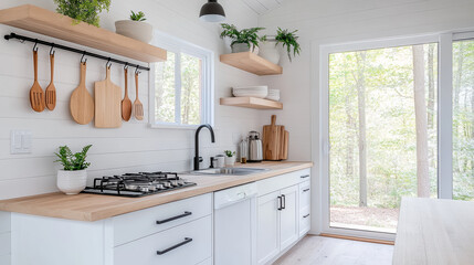 bright tiny house kitchen with hanging utensils and wooden shelves