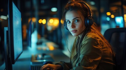 Obraz premium Focused young woman programmer working late at night in office.