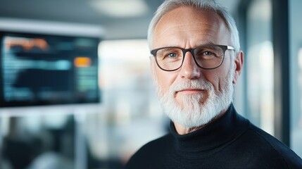 Fototapeta premium Confident older man in glasses standing in a modern office environment.