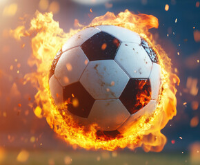 Naklejka premium Soccer ball engulfed in flames during an exciting match illustrating intense competition and passion for the sport