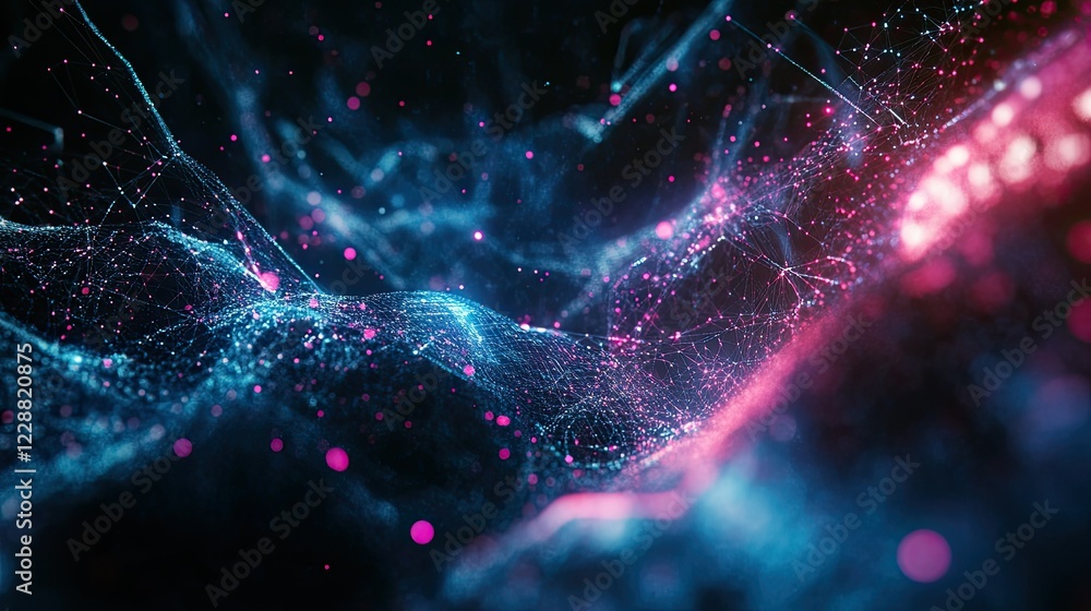 Poster abstract network connections and streaming data fields, showcasing blockchain and big data concepts 