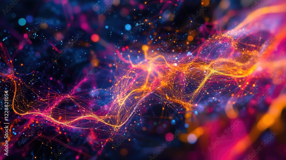 Poster abstract network connections and streaming data fields, showcasing blockchain and big data concepts 