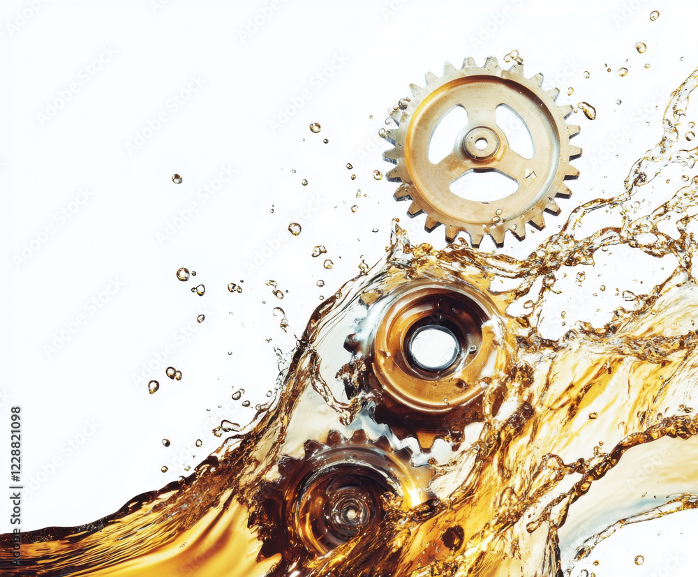 Poster gears splashing through liquid in a dynamic and visually striking composition