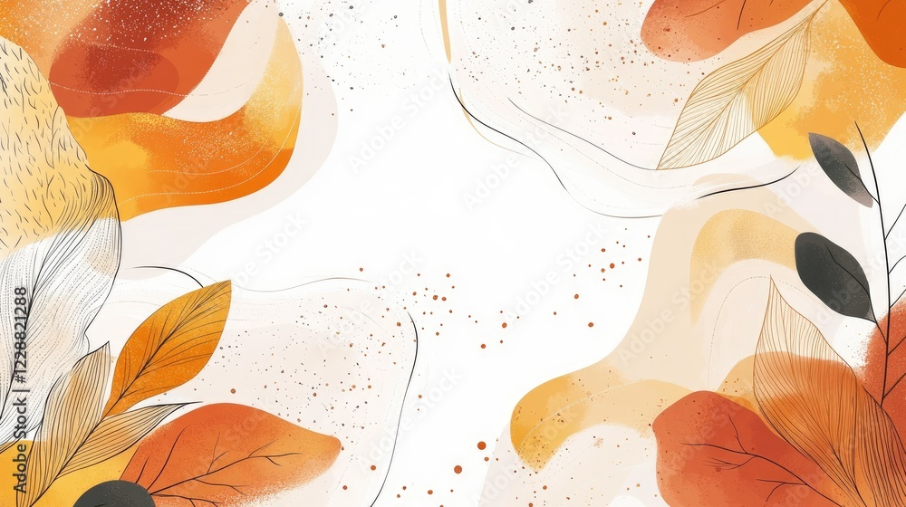 Poster an abstract autumn background with flowing organic lines and soft textures on a white surface, perfe