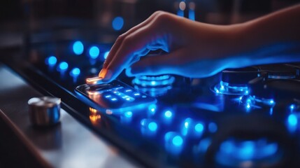 Close-up of a hand adjusting a gas stovetop control knob with blue LED lights.
