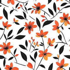 Floral seamless pattern, orange and black flowers on white background, graphic design, wallpaper