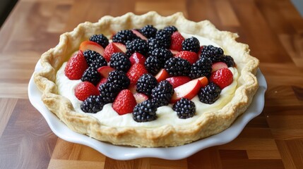 A fresh, homemade pie filled with local fruits like apples and berries on a wooden table.