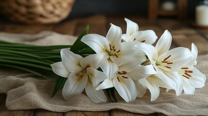 White lilies bouquet, wooden table, kitchen, sympathy