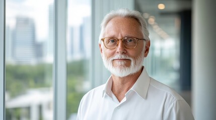 Fototapeta premium Confident senior man with glasses poses by large windows in modern office setting.