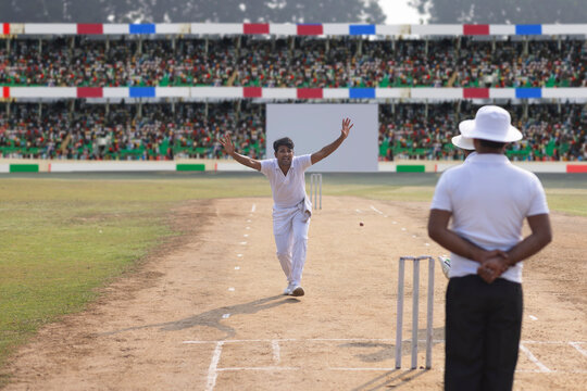 Bowlers appealing to the umpire, during the cricket game
