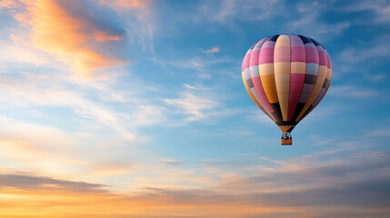 Fototapeta premium colorful hot air balloon floats against glowing sunset sky
