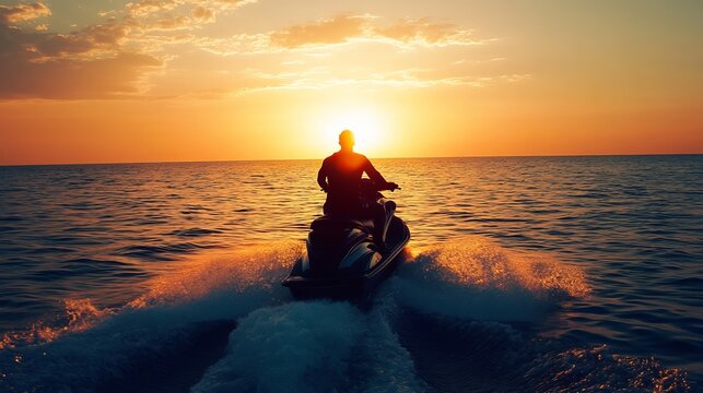 A man is riding a jet ski on a body of water at sunset