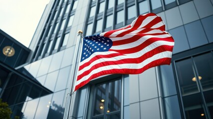 American Flag Waving Against Modern Building Architecture with Reflections of Sky and Cityscape in the Background