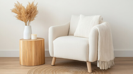 cozy corner with neutral armchair, soft throw, and decorative elements