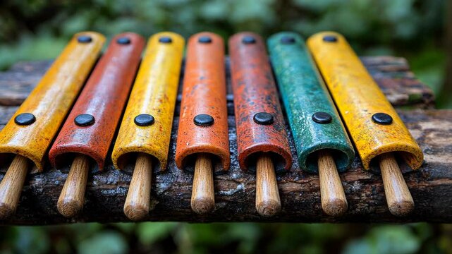 Colorful wooden xylophone on a rustic log, surrounded by greenery