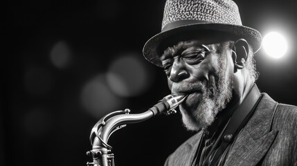 Black-and-white portrait of an African American jazz musician, a saxophone player, in the spotlight on stage.