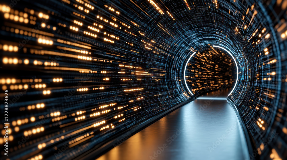 Poster futuristic tunnel with glowing data streams and lights, symbolizing encryption and transmission