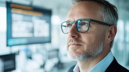 Fototapeta premium Focused business leader analyzing data on a digital screen in a modern office.
