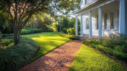 Fototapeta premium Brick pathway leads to a charming white house, surrounded by lush greenery. Ideal for real estate, landscaping, or home design projects showcasing tranquil outdoor spaces.