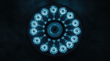A top-down view of multiple LED bulbs arranged in a circular pattern on a dark background.