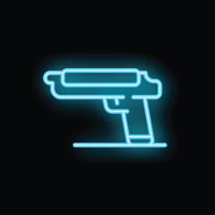 Bright blue neon sign depicting a pistol shining on a black background