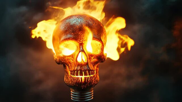 Flaming skull with glowing eyes emitting light against a dark background