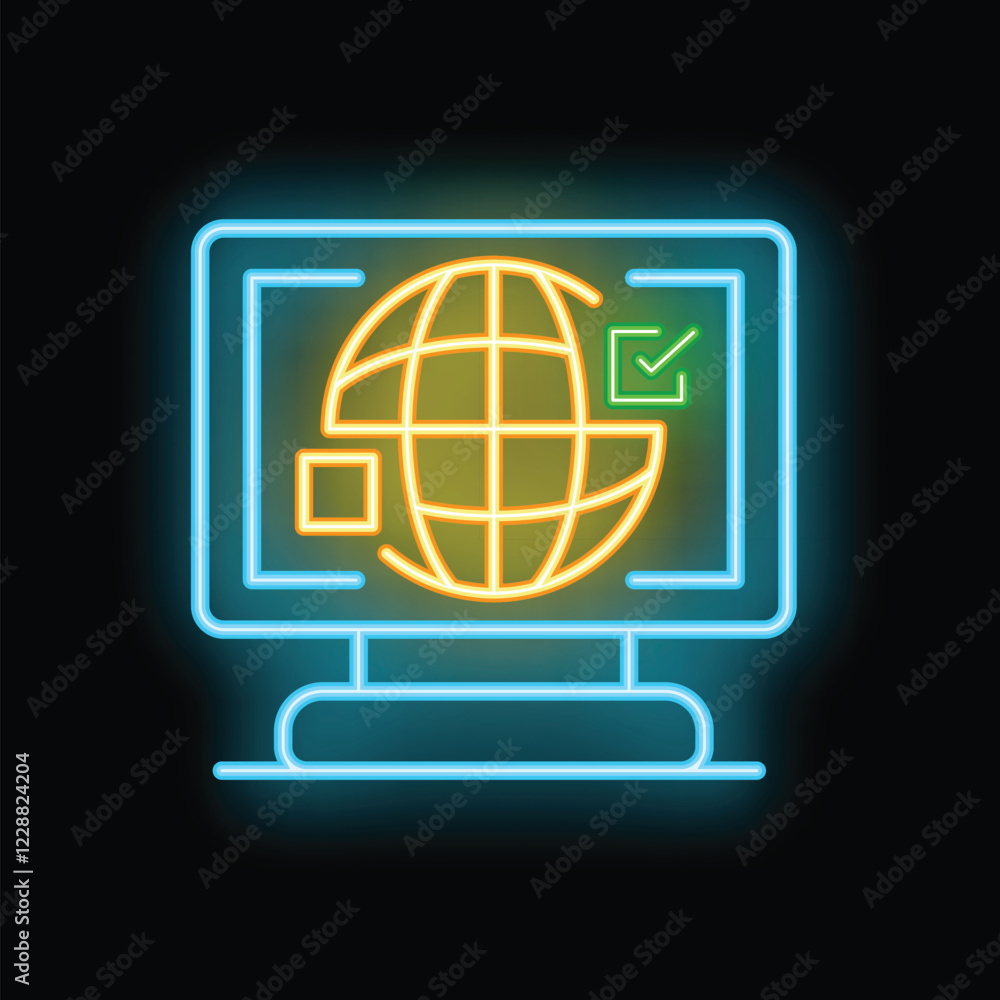 Poster neon computer screen displaying a globe with a checkmark, symbolizing worldwide shipping availabilit