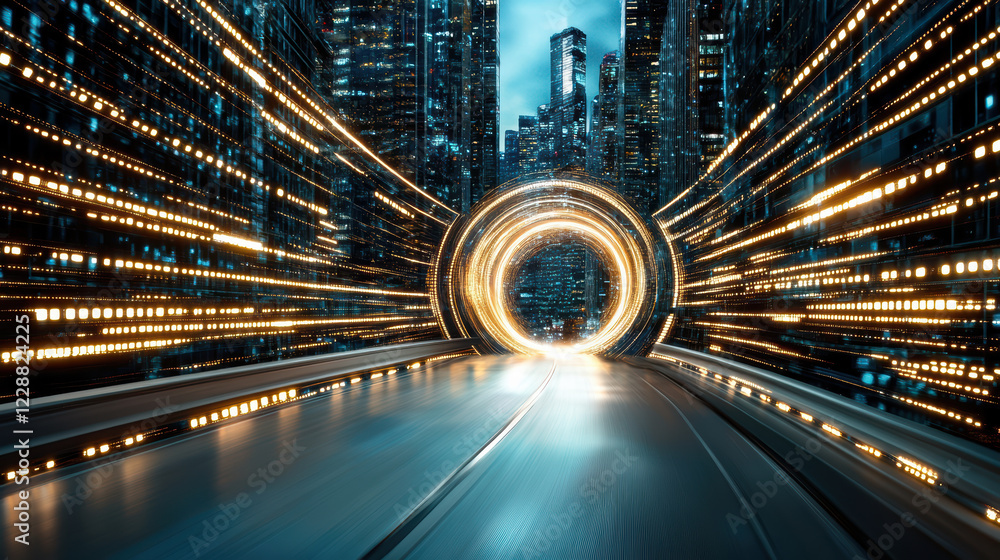 Poster futuristic cityscape with light trails creating tunnel effect