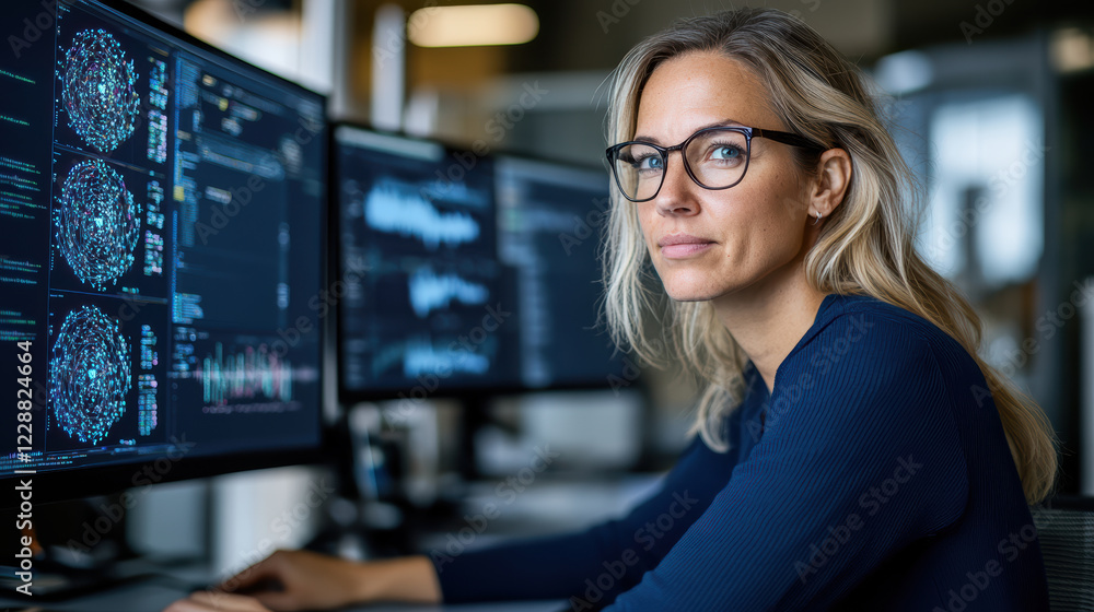 Poster woman working on machine learning models at computer