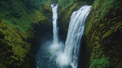 Obraz premium A cascading waterfall surrounded by lush greenery and moss-covered rocks.