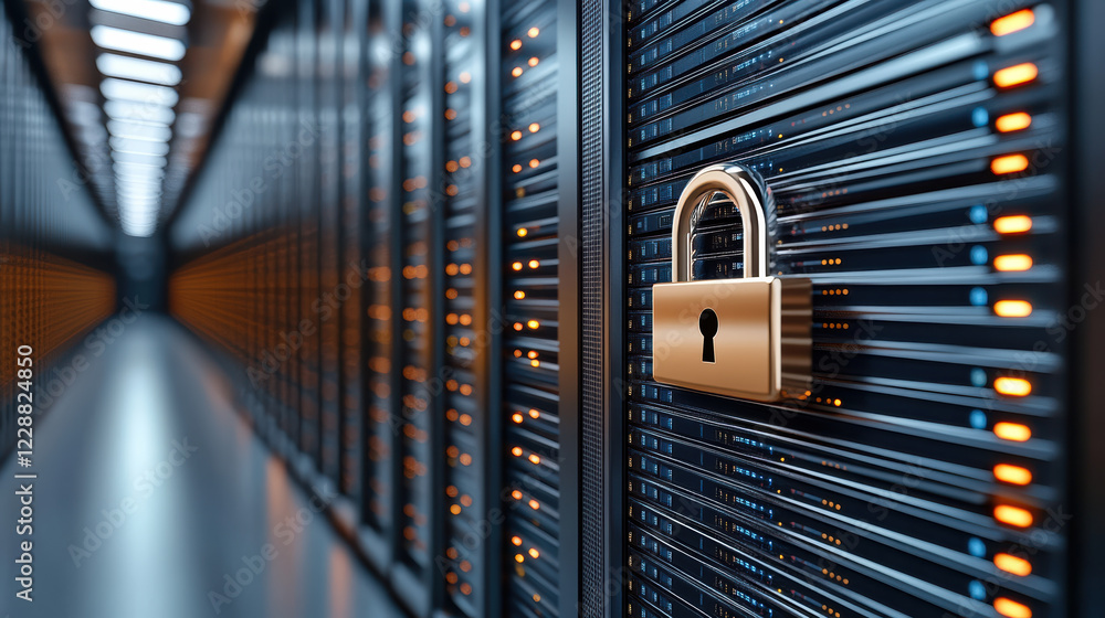 Poster secure digital lock on server rack with glowing lights