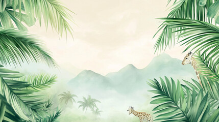 Naklejka premium serene jungle giraffe watercolor art print with misty mountains and tropical palm leaves for nursery decor