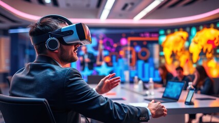 Business professional using virtual reality headset in modern conference room during innovative presentation with digital graphics