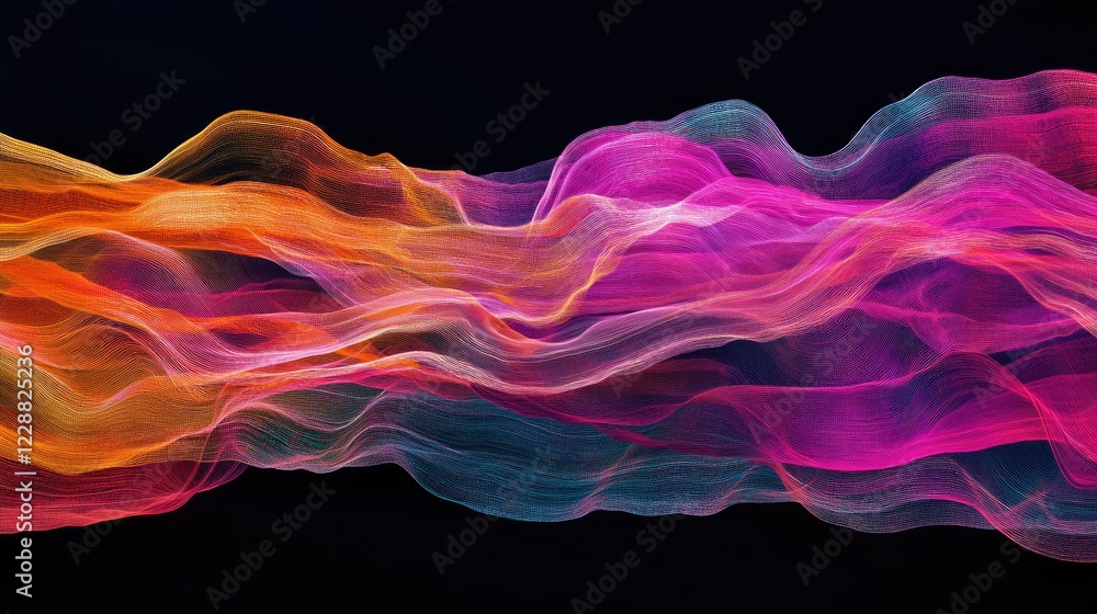 Poster flowing lines of data streams in vibrant colors, representing big data and blockchain technology, wi