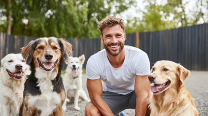dog trainer smiling with group of happy dogs outdoors in park