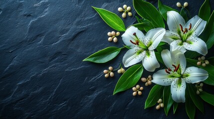 White lilies, green leaves, dark stone, sympathy card