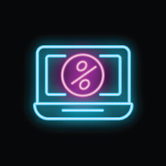 Neon laptop showing percentage symbol on black background, concept for online sale, discount or cashback